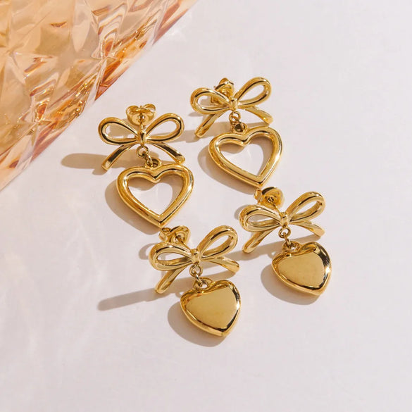 1 Pair IG Style Elegant Simple Style Heart Shape Bow Knot Plating 304 Stainless Steel 14K Gold Plated Drop Earrings Ear Studs