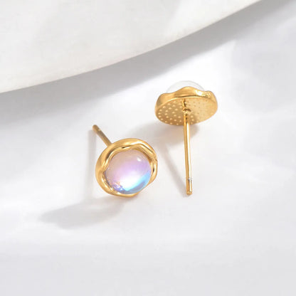 1 Pair IG Style Elegant Simple Style Round Inlay Stainless Steel Moonstone 14K Gold Plated Ear Studs