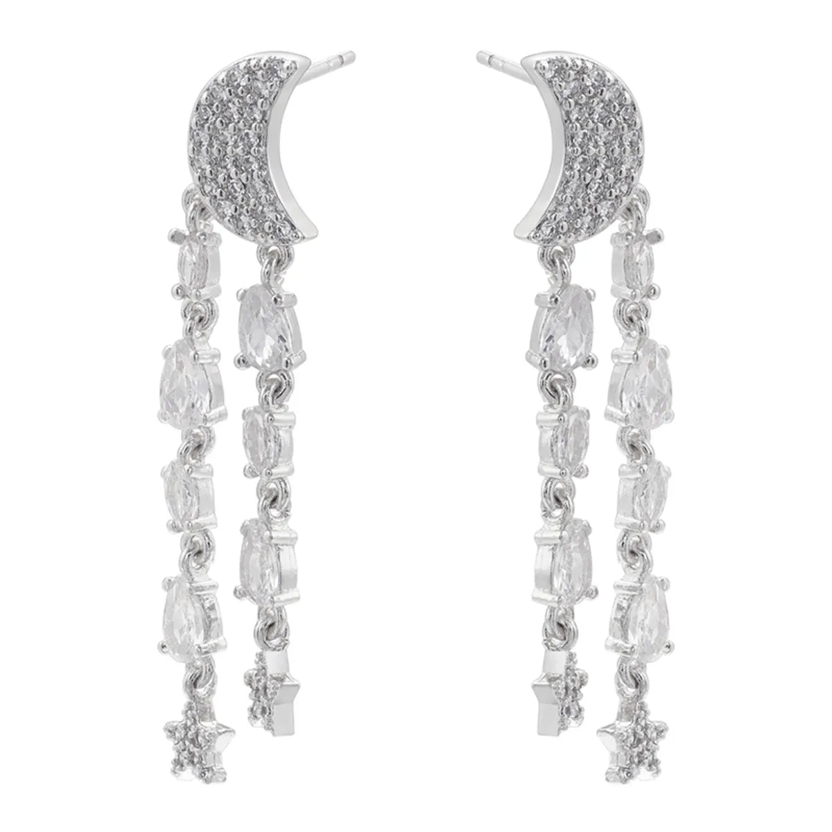 1 Pair Ig Style Elegant Simple Style Star Moon Tassel Plating Inlay Copper Zircon 18k Gold Plated Drop Earrings