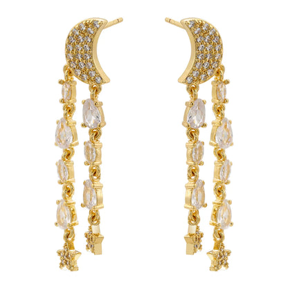 1 Pair Ig Style Elegant Simple Style Star Moon Tassel Plating Inlay Copper Zircon 18k Gold Plated Drop Earrings