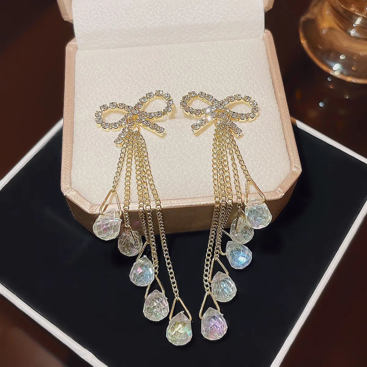 1 Pair IG Style Elegant Simple Style Tassel Bow Knot Inlay Copper Artificial Crystal Zircon 18K Gold Plated Drop Earrings