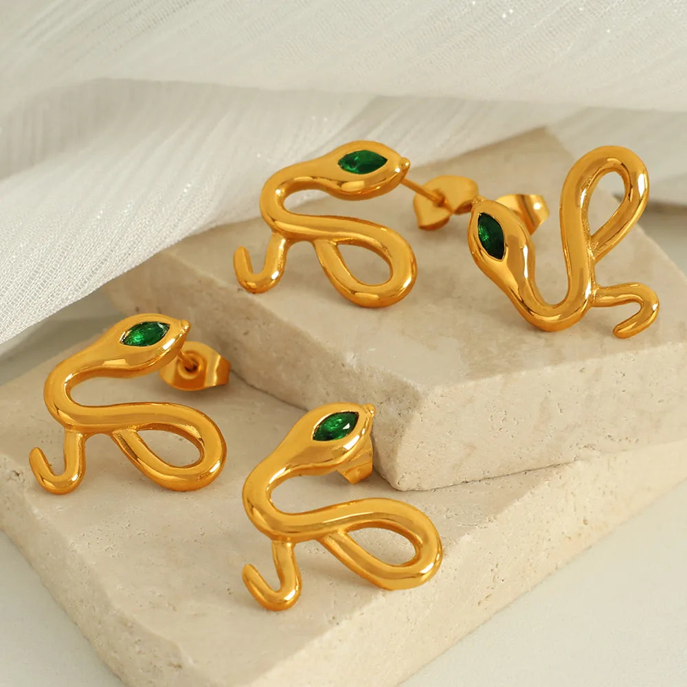 1 Pair IG Style Elegant Snake Polishing Inlay 304 Stainless Steel Rhinestones 18K Gold Plated Ear Studs