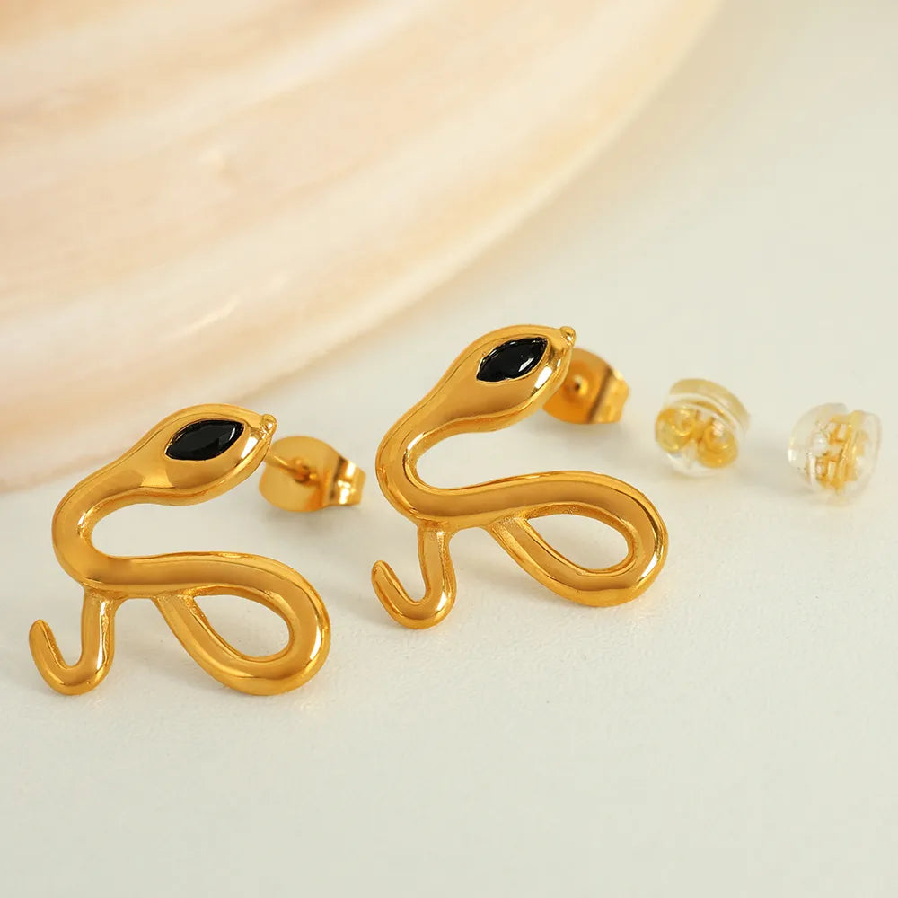 1 Pair IG Style Elegant Snake Polishing Inlay 304 Stainless Steel Rhinestones 18K Gold Plated Ear Studs