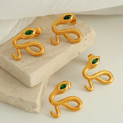 1 Pair IG Style Elegant Snake Polishing Inlay 304 Stainless Steel Rhinestones 18K Gold Plated Ear Studs