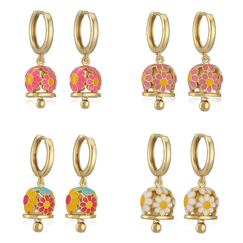 1 Pair IG Style Elegant Sweet Bell Daisy Enamel Plating Copper 18K Gold Plated Drop Earrings