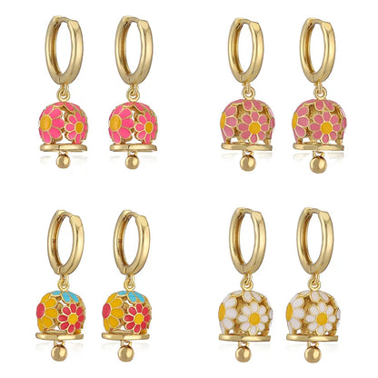 1 Pair IG Style Elegant Sweet Bell Daisy Enamel Plating Copper 18K Gold Plated Drop Earrings