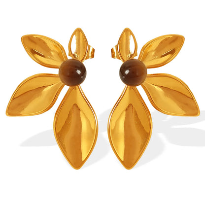 1 Pair IG Style Exaggerated Luxurious Petal Polishing Inlay 304 Stainless Steel Glass Stone Tiger Eye 18K Gold Plated Ear Studs