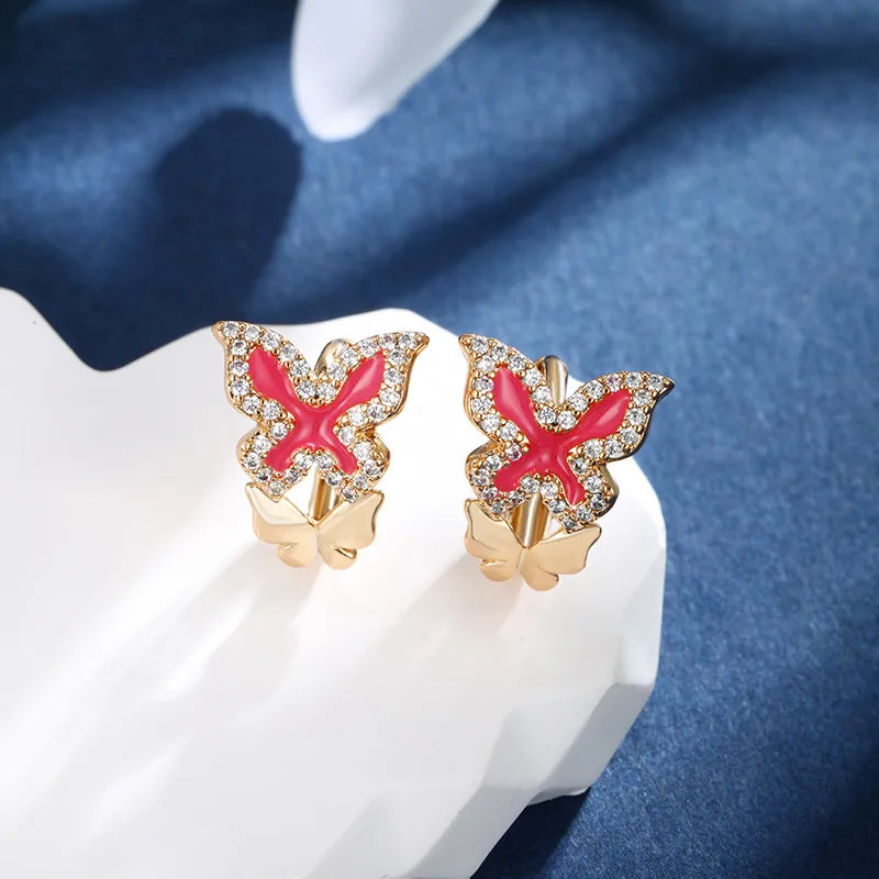 1 Pair IG Style Fairy Style Classic Style Butterfly Enamel Plating Inlay Copper Alloy Rhinestones 18K Gold Plated Ear Studs