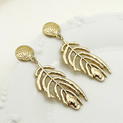 1 Pair IG Style Fairy Style Korean Style Leaves Heart Shape Feather 304 Stainless Steel 14K Gold Plated Drop Earrings