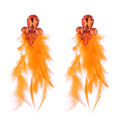 1 Pair Ig Style Feather Inlay Feather Rhinestones Drop Earrings