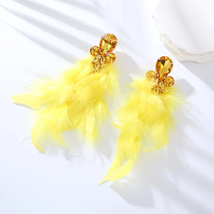 1 Pair Ig Style Feather Inlay Feather Rhinestones Drop Earrings