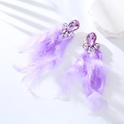 1 Pair Ig Style Feather Inlay Feather Rhinestones Drop Earrings