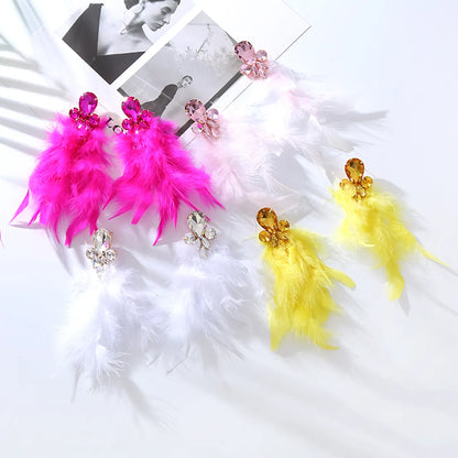 1 Pair Ig Style Feather Inlay Feather Rhinestones Drop Earrings