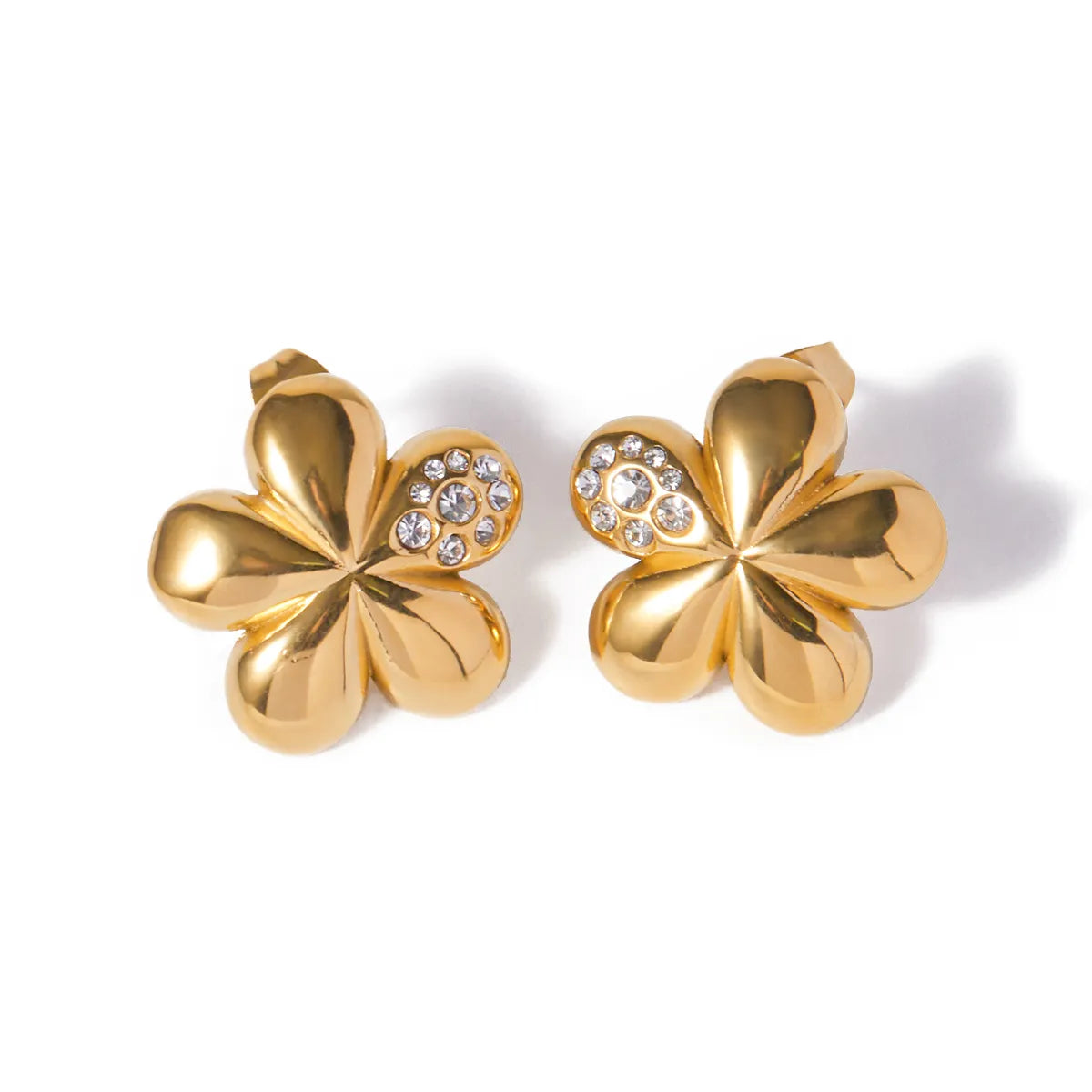 1 Pair IG Style Flower Inlay Stainless Steel Rhinestones 18K Gold Plated Ear Studs