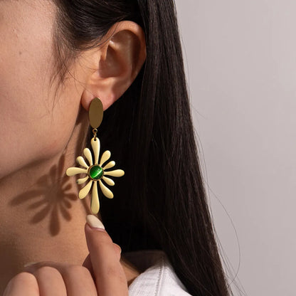 1 Pair Ig Style Flower Plating Inlay Stainless Steel Artificial Gemstones 18k Gold Plated Drop Earrings