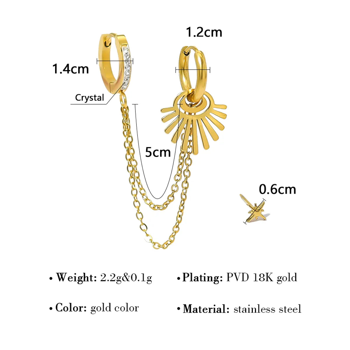 1 Pair Ig Style French Style Commute Geometric Star Asymmetrical Plating Inlay Stainless Steel Titanium Steel Zircon 18k Gold Plated Earrings