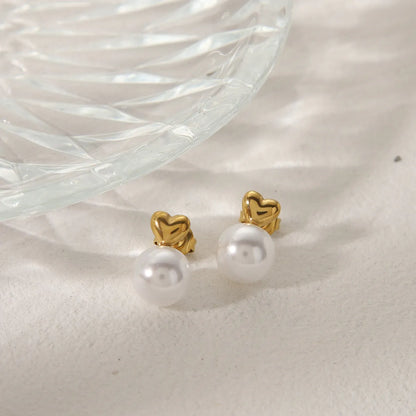 1 Pair IG Style French Style Commute Heart Shape Inlay 304 Stainless Steel Artificial Pearls 14K Gold Plated Ear Studs