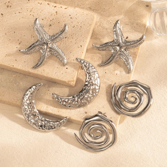 1 Pair IG Style French Style Moon Starfish 304 Stainless Steel Ear Studs