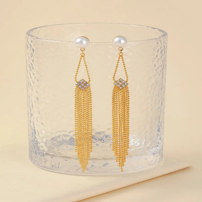 1 Pair IG Style French Style Rhombus Tassel Copper Artificial Pearls Zircon 18K Gold Plated Drop Earrings