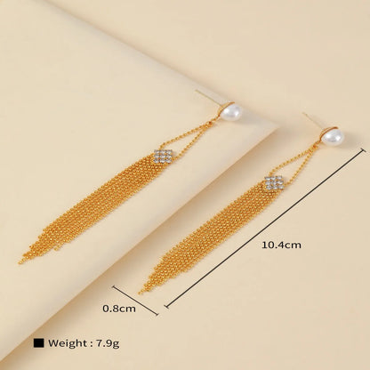 1 Pair IG Style French Style Rhombus Tassel Copper Artificial Pearls Zircon 18K Gold Plated Drop Earrings