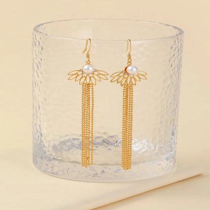 1 Pair IG Style French Style Rhombus Tassel Copper Artificial Pearls Zircon 18K Gold Plated Drop Earrings