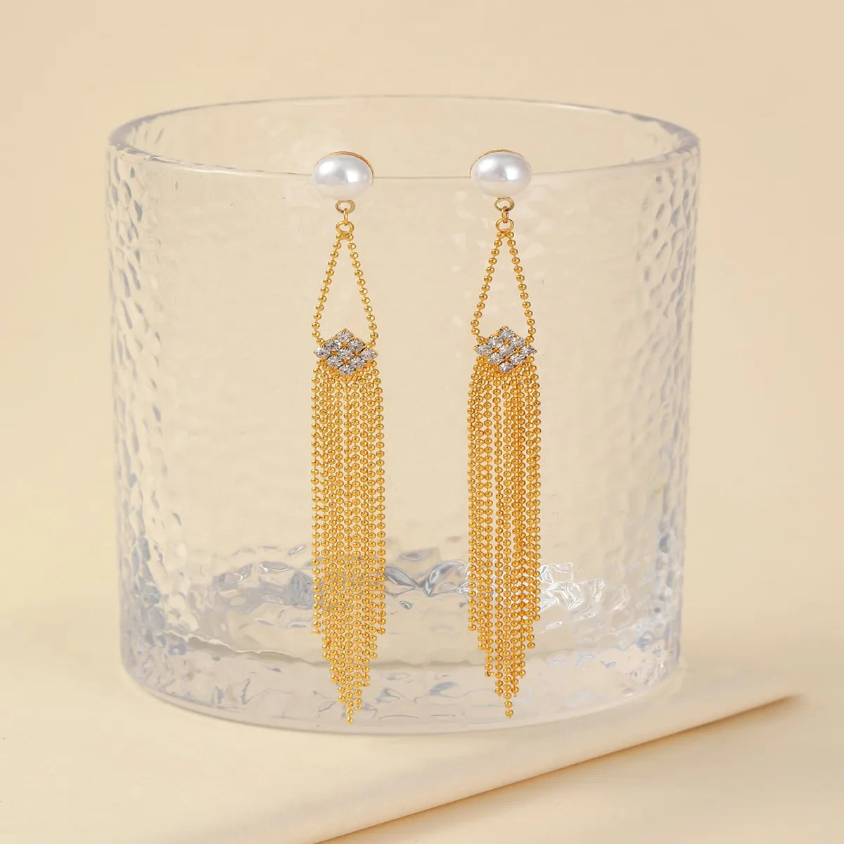 1 Pair IG Style French Style Rhombus Tassel Copper Artificial Pearls Zircon 18K Gold Plated Drop Earrings