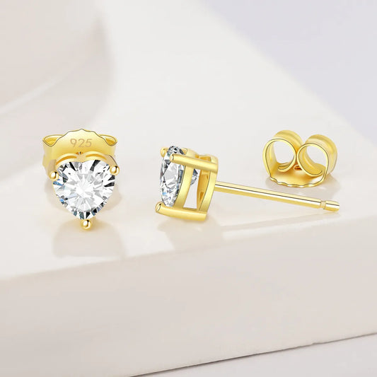 1 Pair IG Style French Style Simple Style Heart Shape Inlay Sterling Silver Zircon 14K Gold Plated Ear Studs