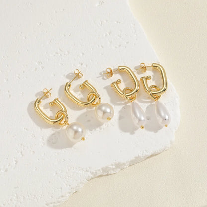 1 Pair Ig Style Geometric Pearl Plating Inlay Copper Pearl 14k Gold Plated Earrings