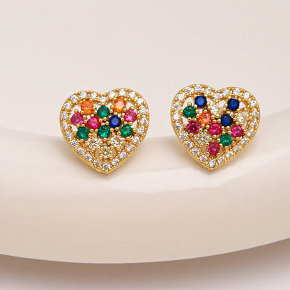 1 Pair IG Style Heart Shape Apple Plating Inlay Artificial Gemstones Copper Zircon 18K Gold Plated Ear Studs