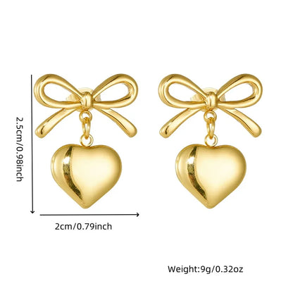 1 Pair IG Style Heart Shape Bow Knot 304 Stainless Steel 18K Gold Plated Drop Earrings