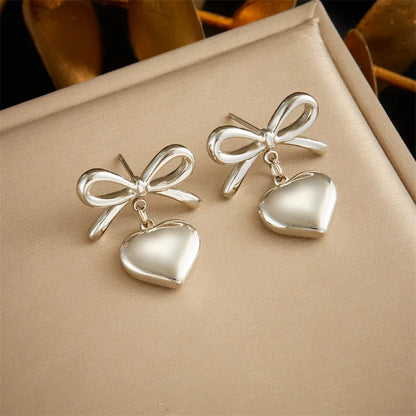 1 Pair IG Style Heart Shape Bow Knot 304 Stainless Steel 18K Gold Plated Drop Earrings