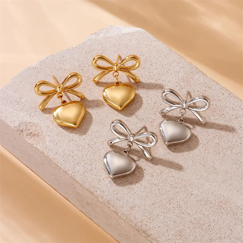 1 Pair IG Style Heart Shape Bow Knot 304 Stainless Steel 18K Gold Plated Drop Earrings