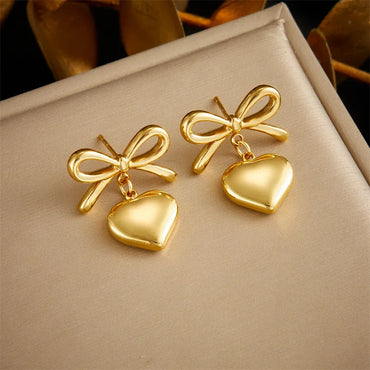 1 Pair IG Style Heart Shape Bow Knot 304 Stainless Steel 18K Gold Plated Drop Earrings