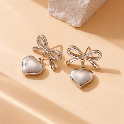 1 Pair IG Style Heart Shape Bow Knot 304 Stainless Steel 18K Gold Plated Drop Earrings