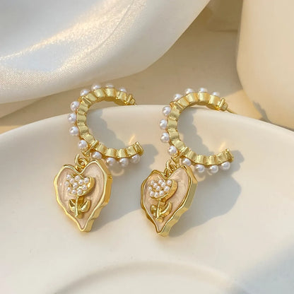 1 Pair Ig Style Heart Shape Flower Plating Inlay Alloy Artificial Pearls 14k Gold Plated Drop Earrings