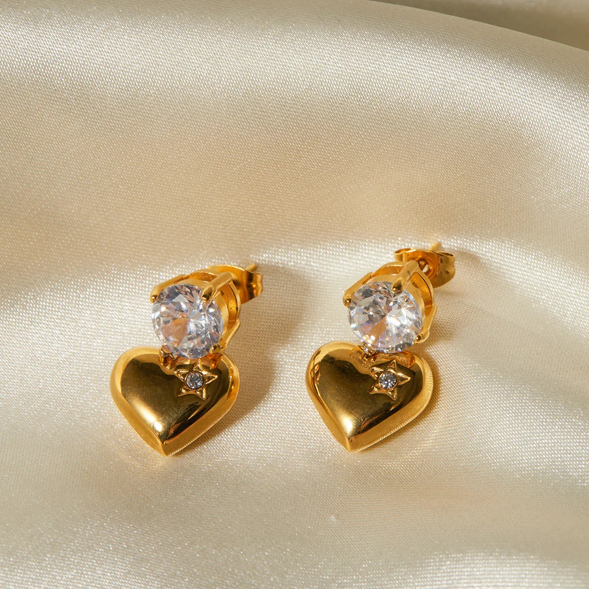 1 Pair IG Style Heart Shape Inlay 316 Stainless Steel  Zircon 18K Gold Plated Drop Earrings