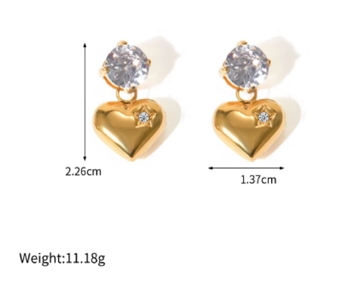 1 Pair IG Style Heart Shape Inlay 316 Stainless Steel  Zircon 18K Gold Plated Drop Earrings