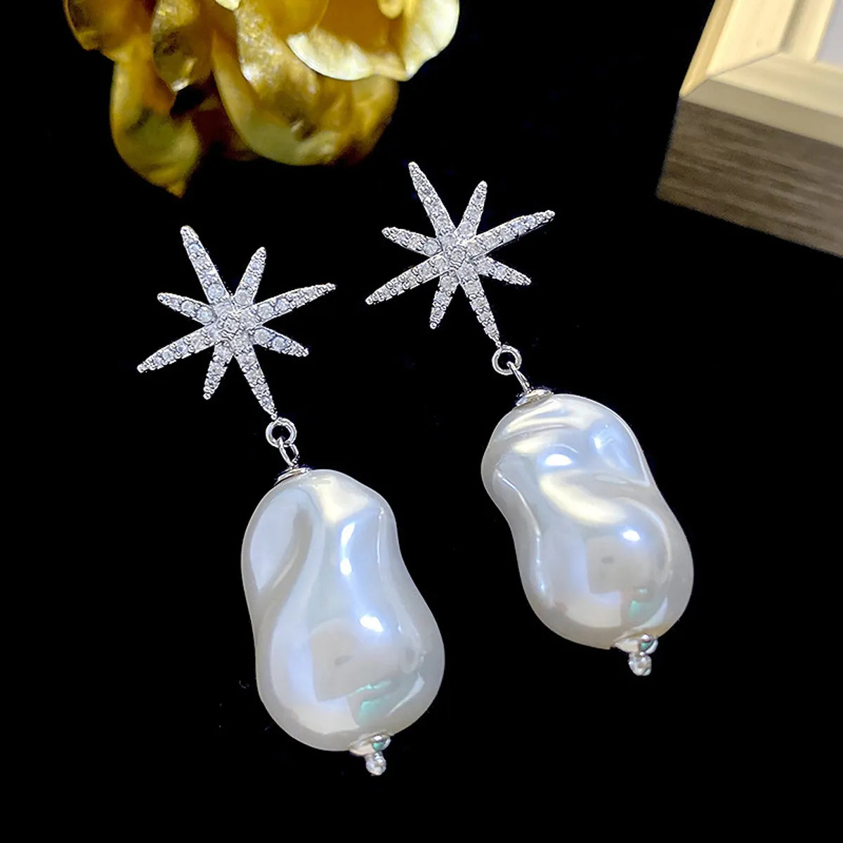 1 Pair Ig Style Irregular Star Plating Inlay Imitation Pearl Copper Zircon Drop Earrings