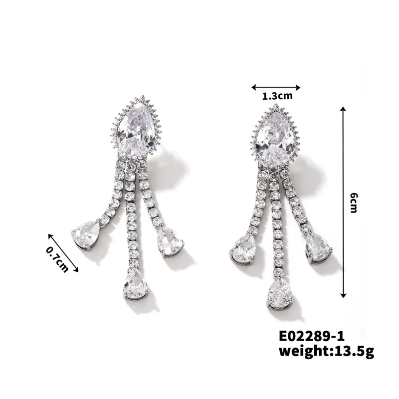 1 Pair IG Style Japanese Style Shiny Water Droplets Tassel Inlay Copper Zircon K Gold Plated Rhodium Plated Drop Earrings