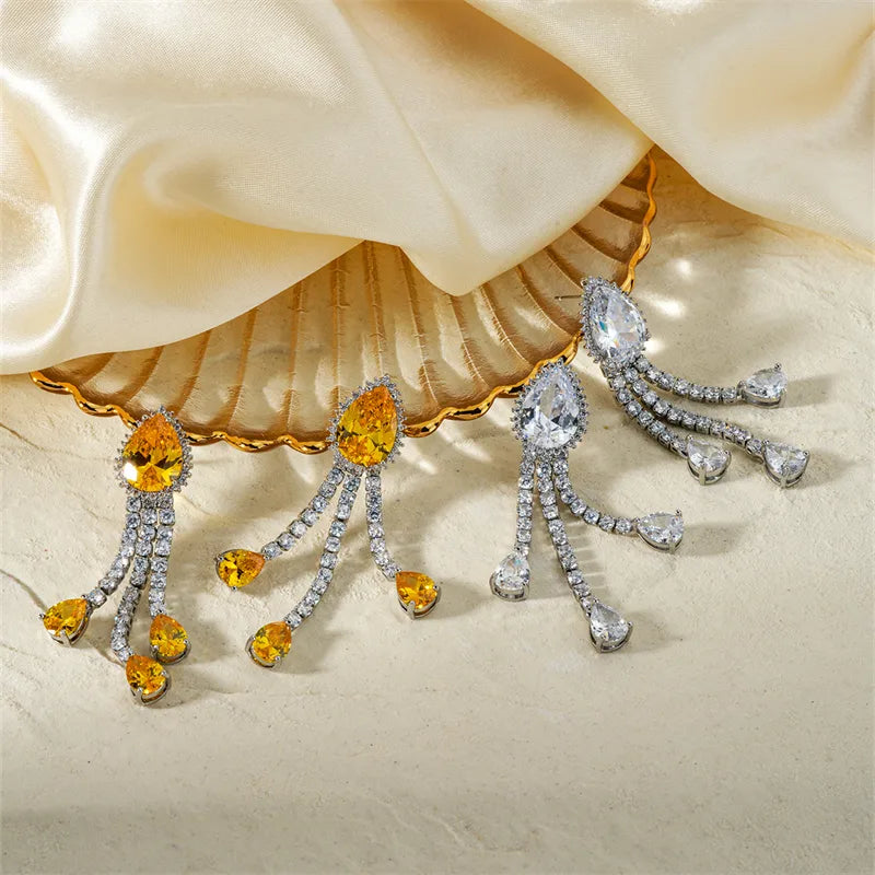 1 Pair IG Style Japanese Style Shiny Water Droplets Tassel Inlay Copper Zircon K Gold Plated Rhodium Plated Drop Earrings