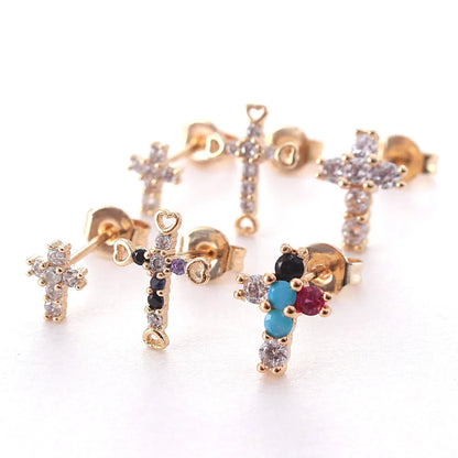 1 Pair Ig Style Korean Style Cross Plating Inlay Copper Zircon Gold Plated Ear Studs