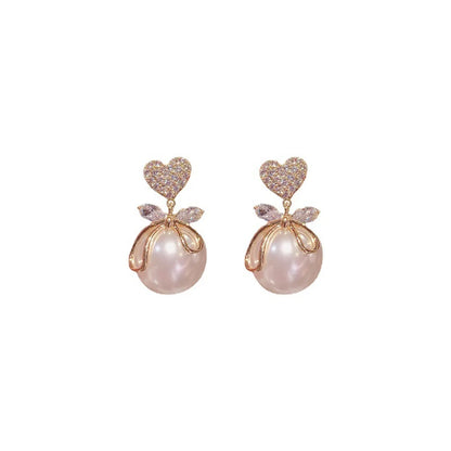 1 Pair Ig Style Korean Style Heart Shape Bow Knot Plating Inlay Imitation Pearl Alloy Zircon Drop Earrings