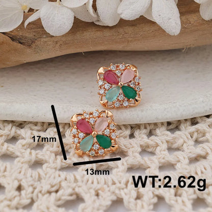 1 Pair IG Style Lady Classic Style Four Leaf Clover Inlay Brass Zircon Ear Studs