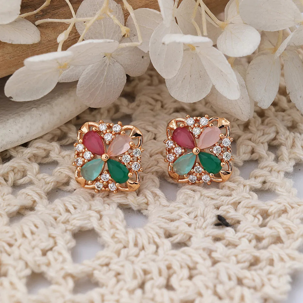 1 Pair IG Style Lady Classic Style Four Leaf Clover Inlay Brass Zircon Ear Studs