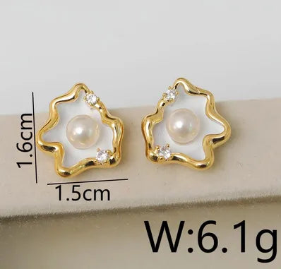 1 Pair IG Style Lady Classic Style Irregular Clouds Enamel Inlay Copper Freshwater Pearl Zircon 18K Gold Plated Ear Studs