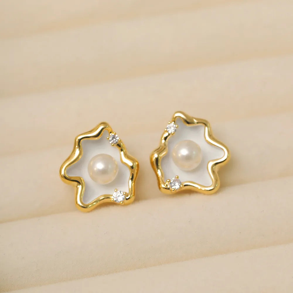 1 Pair IG Style Lady Classic Style Irregular Clouds Enamel Inlay Copper Freshwater Pearl Zircon 18K Gold Plated Ear Studs