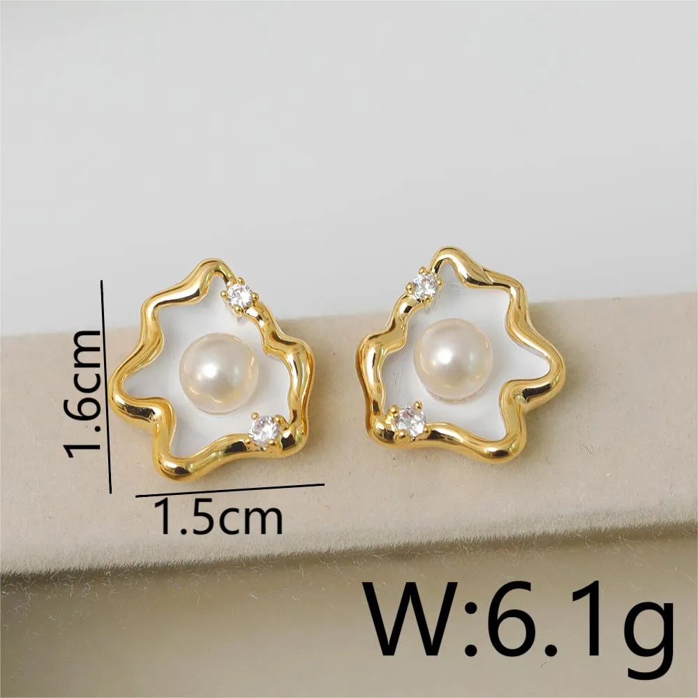 1 Pair IG Style Lady Classic Style Irregular Clouds Enamel Inlay Copper Freshwater Pearl Zircon 18K Gold Plated Ear Studs