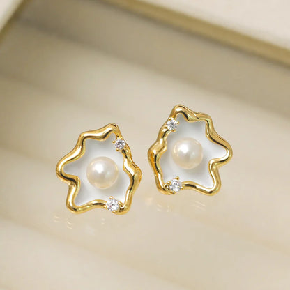 1 Pair IG Style Lady Classic Style Irregular Clouds Enamel Inlay Copper Freshwater Pearl Zircon 18K Gold Plated Ear Studs