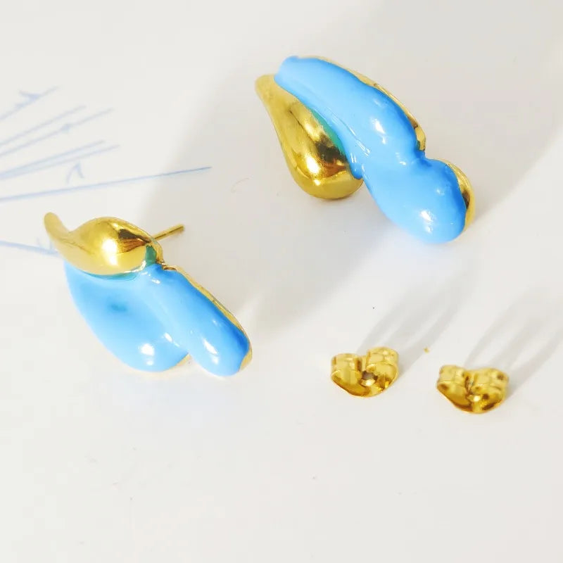 1 Pair IG Style Lady Water Droplets Enamel 304 Stainless Steel 18K Gold Plated Ear Studs