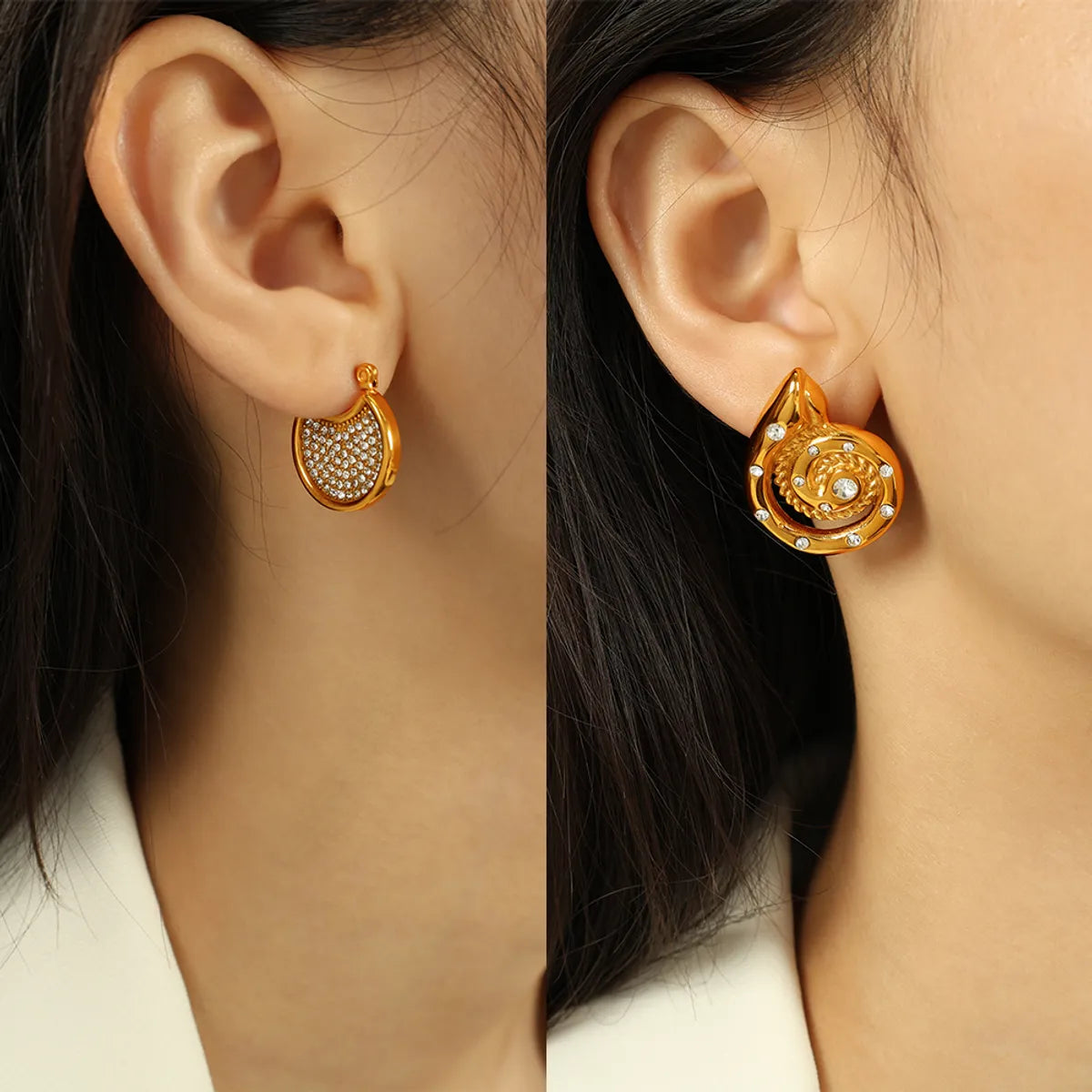 1 Pair IG Style Marine Style Simple Style Geometric Conch Polishing Inlay 304 Stainless Steel Rhinestones 18K Gold Plated Earrings Ear Studs